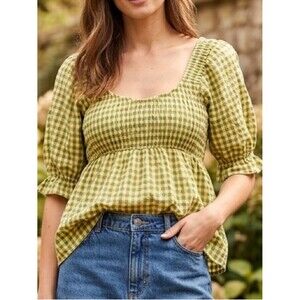 NWT DAVI & DANI Yellow-Green Gingham Scoop Neck Peplum Top